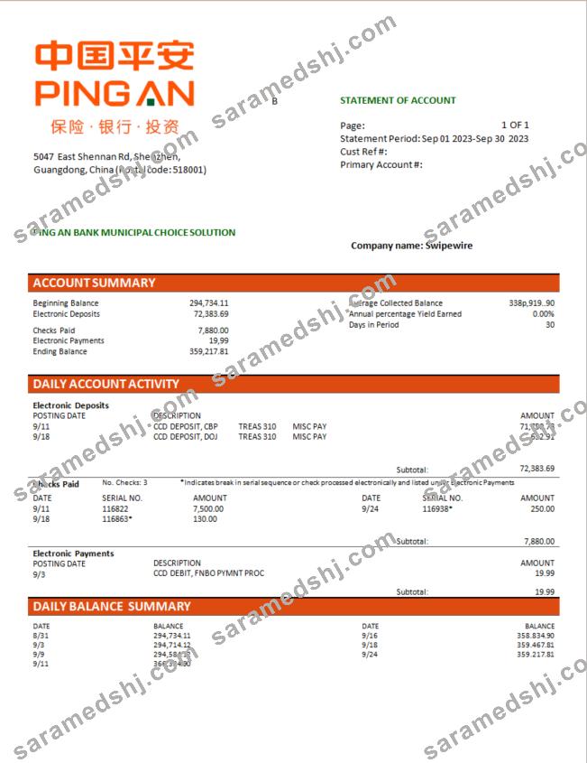 Ping An Bank firm checking account statement Word and PDF template